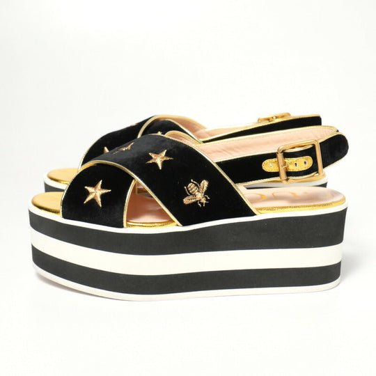 GUCCI Sandals velvet Black / white / gold Women 34 1/2 Used Authentic