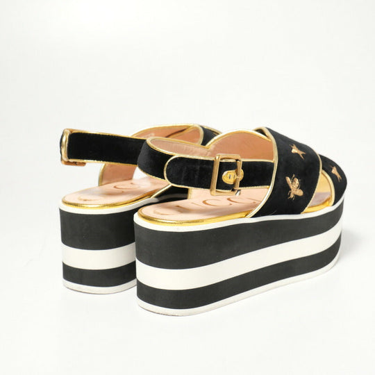 GUCCI Sandals velvet Black / white / gold Women 34 1/2 Used Authentic
