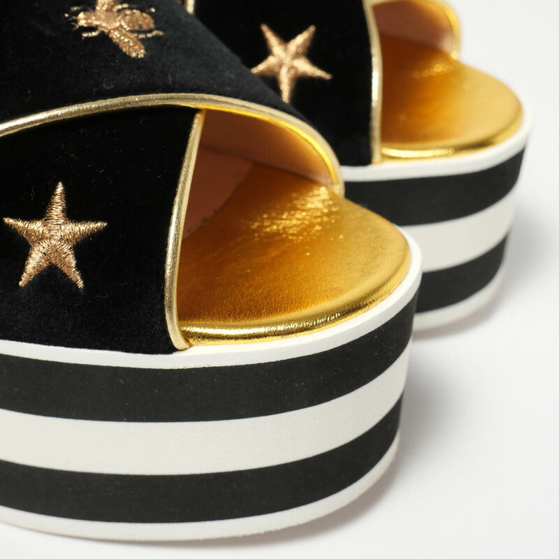 GUCCI Sandals velvet Black / white / gold Women 34 1/2 Used Authentic