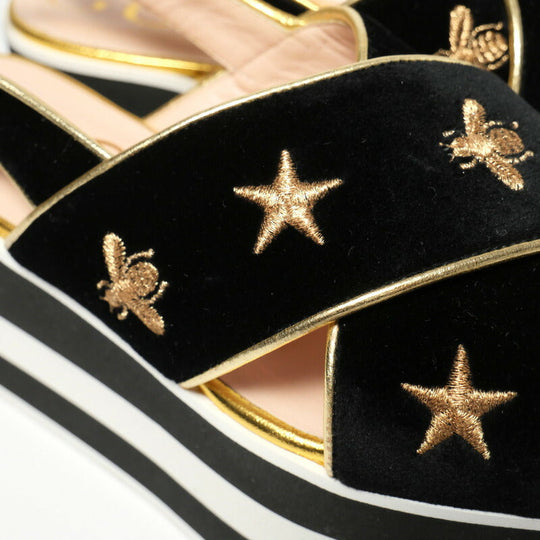 GUCCI Sandals velvet Black / white / gold Women 34 1/2 Used Authentic