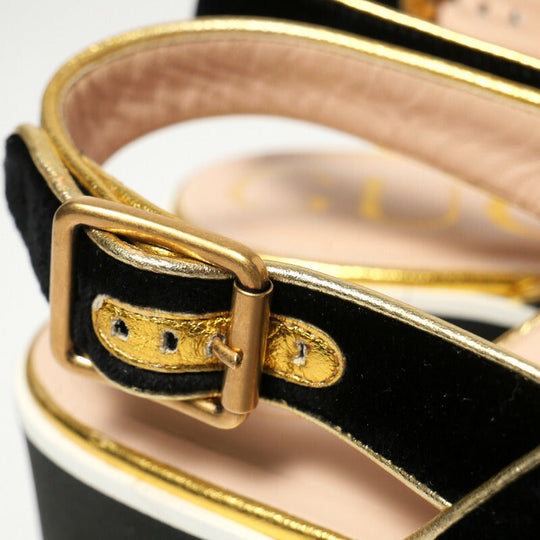 GUCCI Sandals velvet Black / white / gold Women 34 1/2 Used Authentic