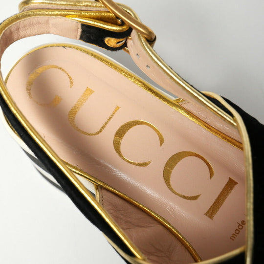 GUCCI Sandals velvet Black / white / gold Women 34 1/2 Used Authentic
