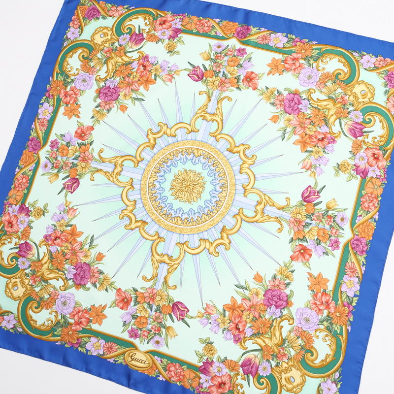 GUCCI scarf silk Green | Blue Women Used Authentic