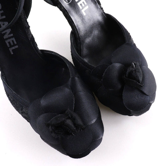 CHANEL Sandals Satin black Ankle strap Camelia Women 35 1/2 Used Authentic