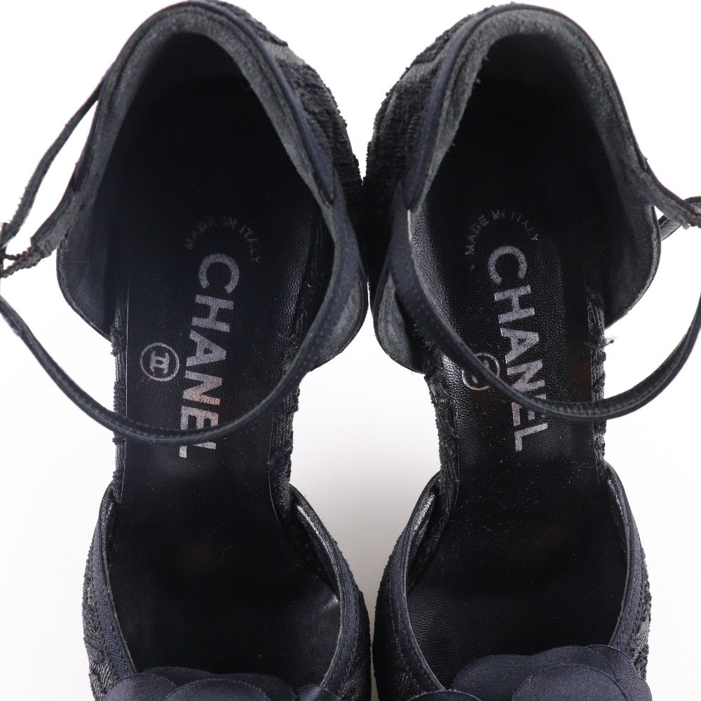 CHANEL Sandals Satin black Ankle strap Camelia Women 35 1/2 Used Authentic