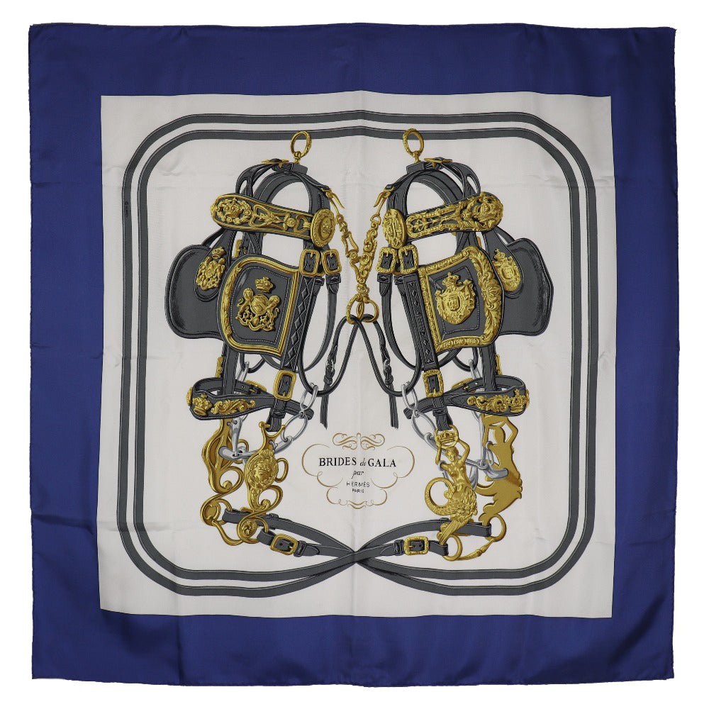 HERMES scarf silk blue Ceremony bridle BRIDES de GALA Carre90 Women Used Authentic