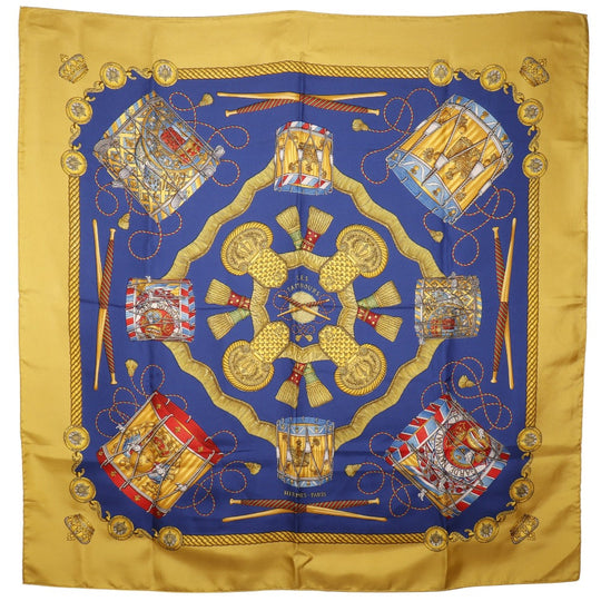 HERMES scarf silk Blue LES TAMBOURS Tambour drums Carre90 Women Used Authentic