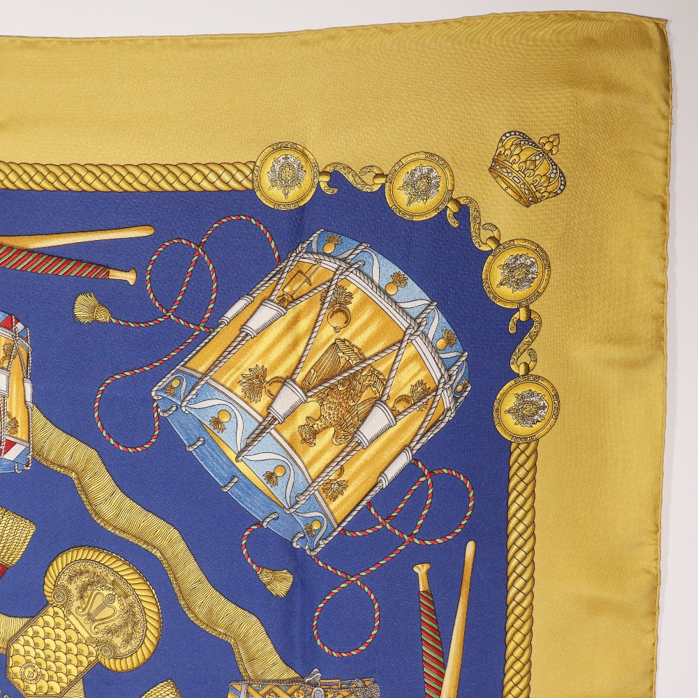 HERMES scarf silk Blue LES TAMBOURS Tambour drums Carre90 Women Used Authentic