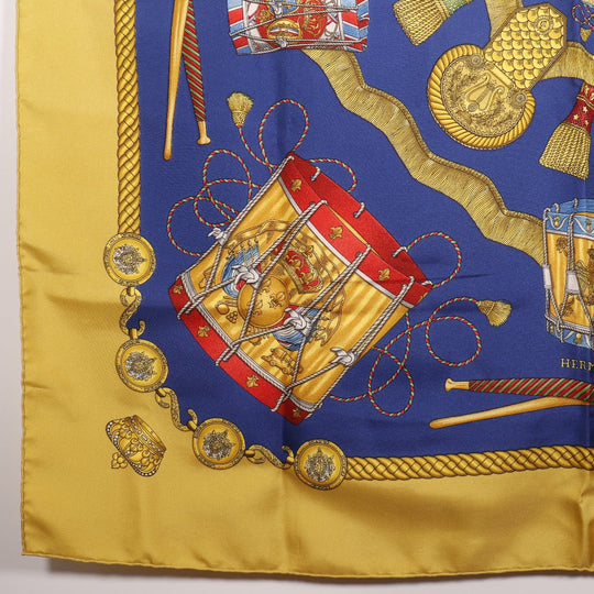 HERMES scarf silk Blue LES TAMBOURS Tambour drums Carre90 Women Used Authentic