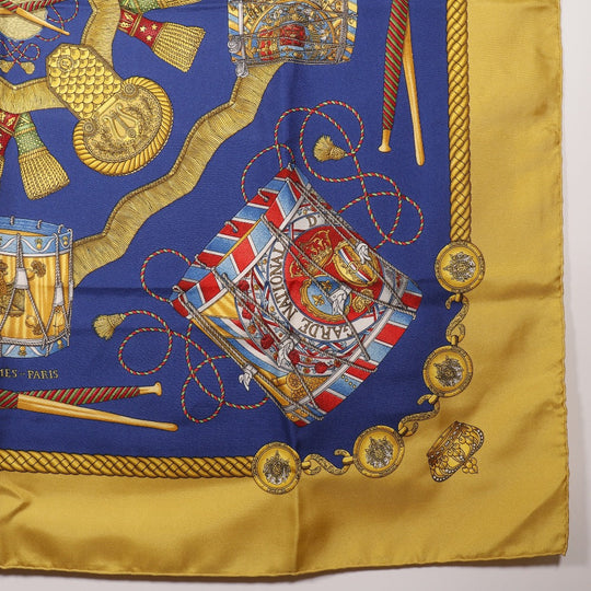 HERMES scarf silk Blue LES TAMBOURS Tambour drums Carre90 Women Used Authentic