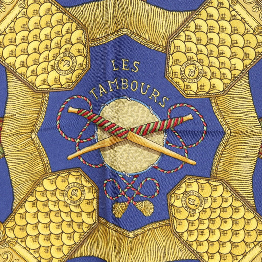 HERMES scarf silk Blue LES TAMBOURS Tambour drums Carre90 Women Used Authentic