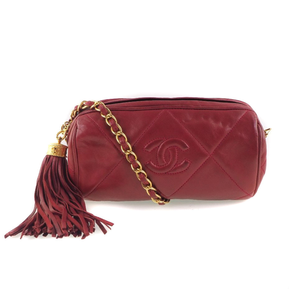 CHANEL Shoulder Bag lambskin Red Matrasse Fringe ChainShoulder Women Used Authentic