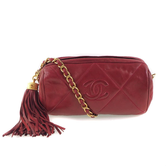 CHANEL Shoulder Bag lambskin Red Matrasse Fringe ChainShoulder Women Used Authentic