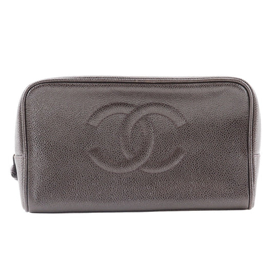 CHANEL Pouch A01996 Caviar skin Brown Cosmetic porch COCO Mark Women Used Authentic