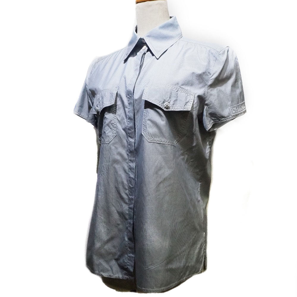 CHANEL Short sleeve shirt P24930V15491 silk Blue Women 38 Used Authentic