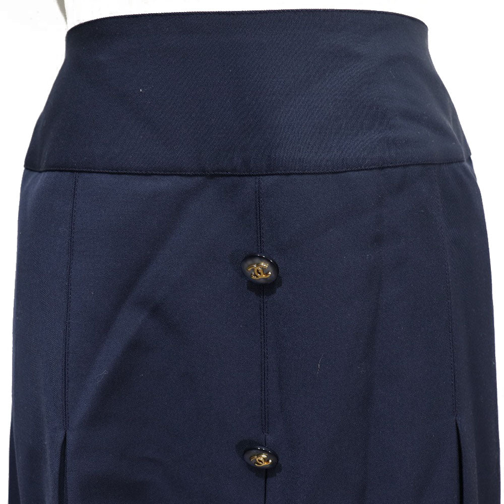CHANEL skirt 2795V154 wool Navy blue COCO Mark Pleated Women 40 Used Authentic