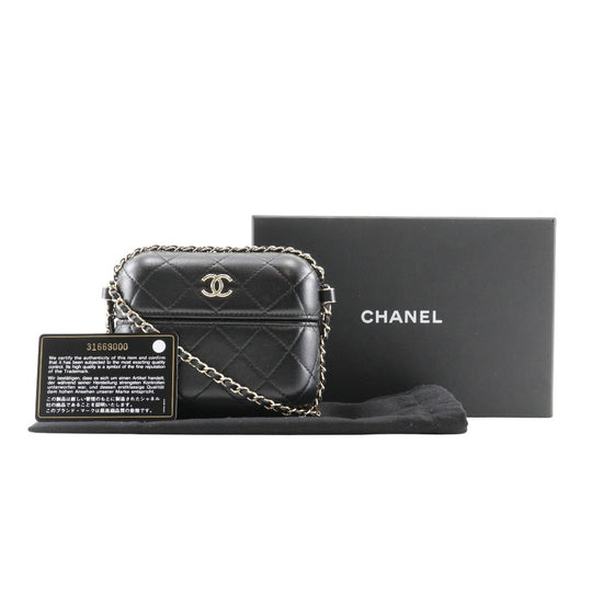 CHANEL Shoulder Bag lambskin black Matrasse Chain pochette Women Used Authentic