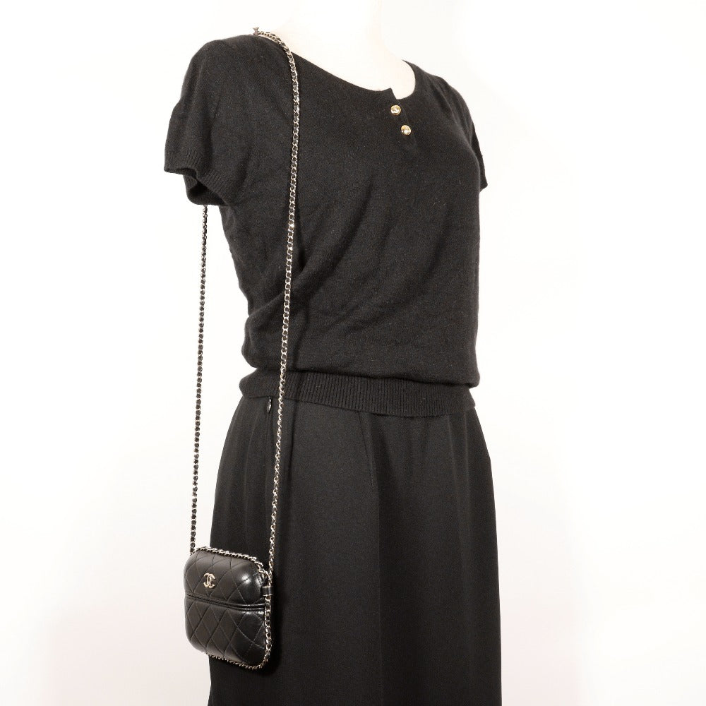 CHANEL Shoulder Bag lambskin black Matrasse Chain pochette Women Used Authentic