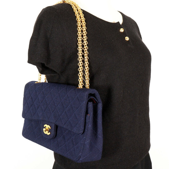 CHANEL Shoulder Bag cotton Navy Matrasse Double flap ChainShoulder Women Used Authentic