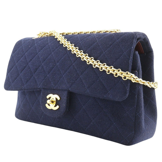 CHANEL Shoulder Bag cotton Navy Matrasse Double flap ChainShoulder Women Used Authentic
