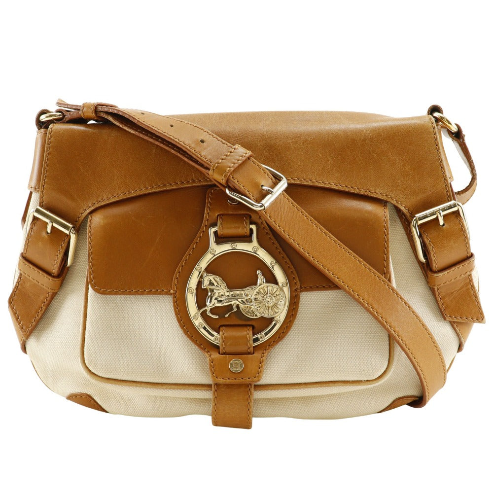 CELINE Shoulder Bag canvas beige Carriage Metal Women Used Authentic