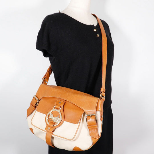 CELINE Shoulder Bag canvas beige Carriage Metal Women Used Authentic