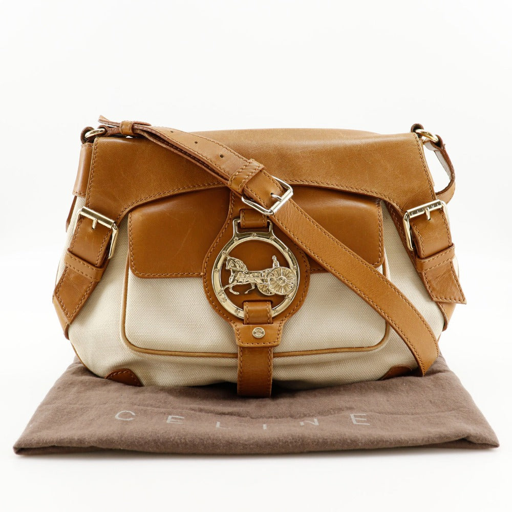 CELINE Shoulder Bag canvas beige Carriage Metal Women Used Authentic