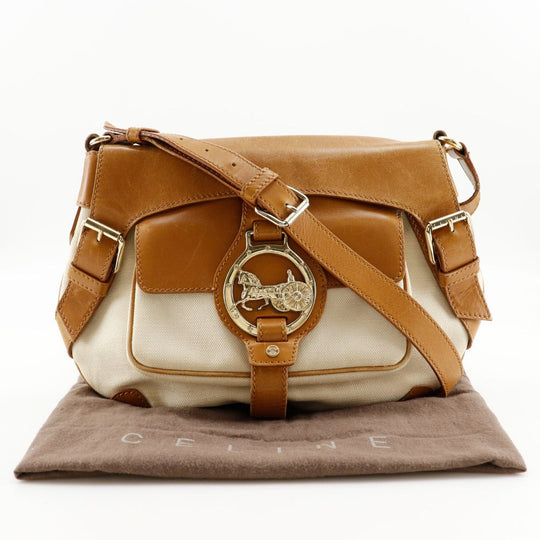 CELINE Shoulder Bag canvas beige Carriage Metal Women Used Authentic