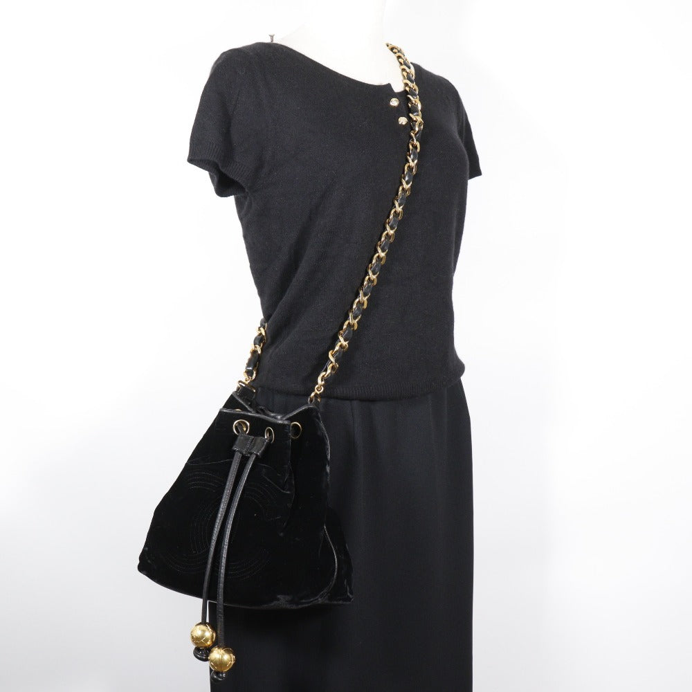 CHANEL Shoulder Bag Velour, Calfskin black COCO Mark Drawstring purse Chain Shoulder Women Used Authentic