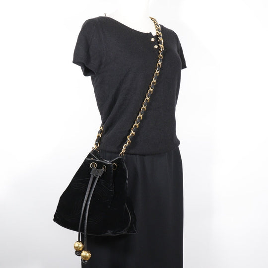 CHANEL Shoulder Bag Velour, Calfskin black COCO Mark Drawstring purse Chain Shoulder Women Used Authentic