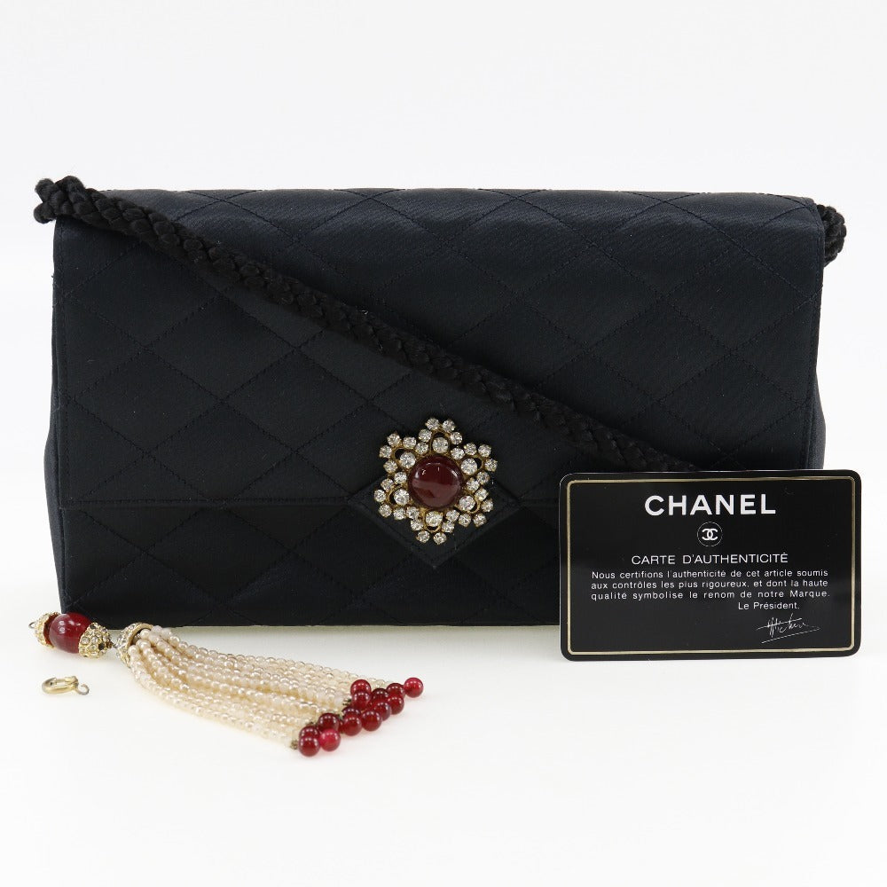 CHANEL Shoulder Bag Satin black Women Used Authentic