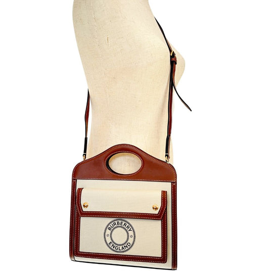BURBERRY Handbag Canvas, Calfskin Brown white 2WAYShoulder Pocket bag Women Secondhand Authentic
