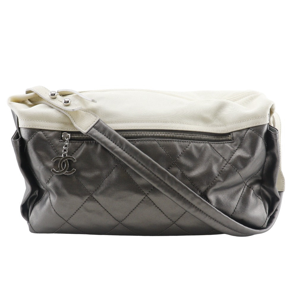 CHANEL Shoulder Bag A34206 Coated canvas Silver Matrasse one belt Paris Biarritz Women Used Authentic