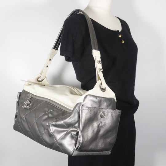 CHANEL Shoulder Bag A34206 Coated canvas Silver Matrasse one belt Paris Biarritz Women Used Authentic