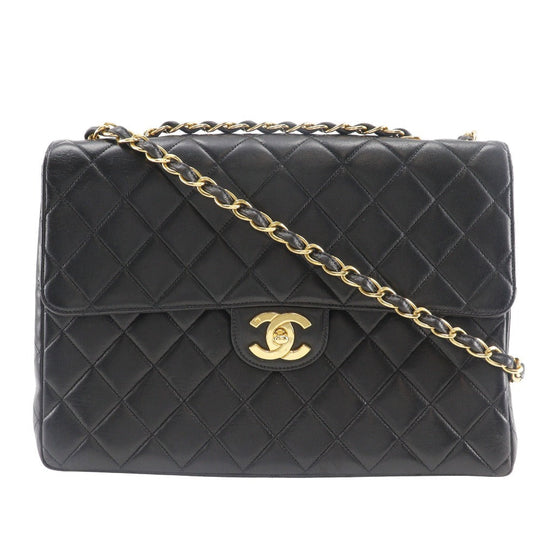 CHANEL Shoulder Bag lambskin black vintage Double chain Deca Trasse Women Used Authentic