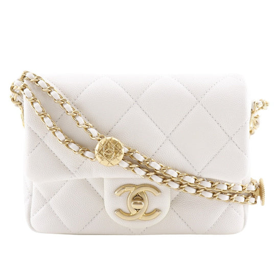 CHANEL Shoulder Bag A35200 Caviar skin White/Gold Metal ChainShoulder Matelasse Flap Shoulder Women Used Authentic