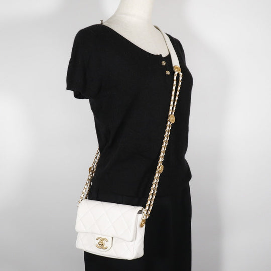 CHANEL Shoulder Bag A35200 Caviar skin White/Gold Metal ChainShoulder Matelasse Flap Shoulder Women Used Authentic