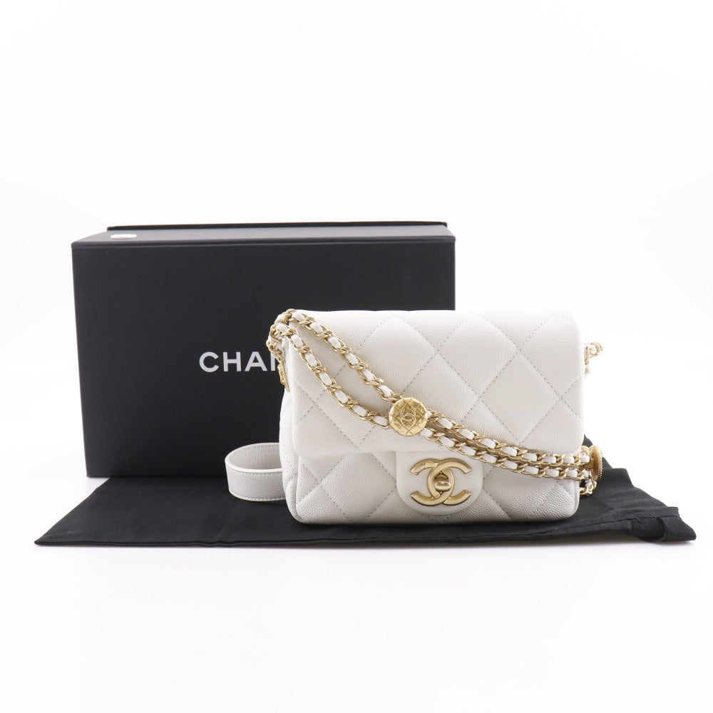 CHANEL Shoulder Bag A35200 Caviar skin White/Gold Metal ChainShoulder Matelasse Flap Shoulder Women Used Authentic