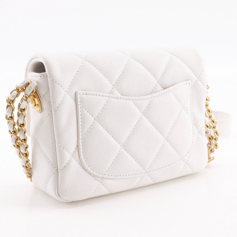 CHANEL Shoulder Bag A35200 Caviar skin White/Gold Metal ChainShoulder Matelasse Flap Shoulder Women Used Authentic