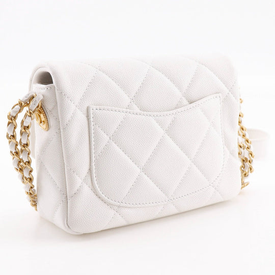 CHANEL Shoulder Bag A35200 Caviar skin White/Gold Metal ChainShoulder Matelasse Flap Shoulder Women Used Authentic