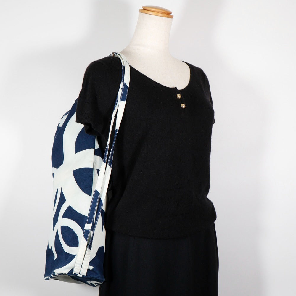 CHANEL Shoulder Bag cotton Navy blue COCO Mark Bysy line Beach bag Women Used Authentic