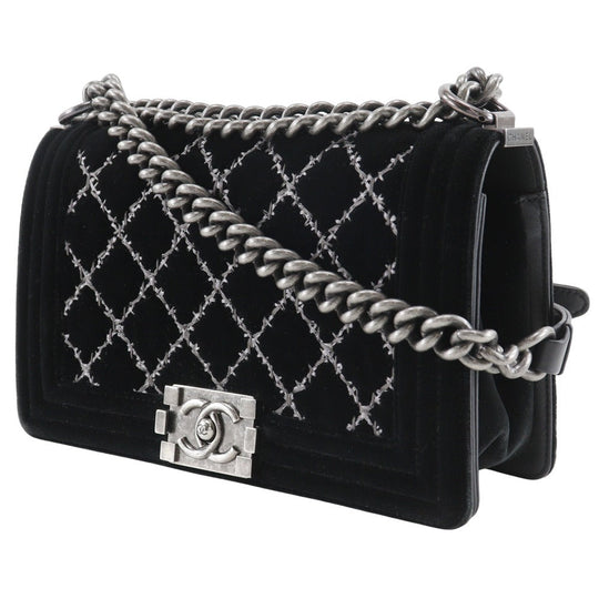CHANEL Shoulder Bag Velour, Leather black Matelasse stitch ChainShoulder Boy Chanel 25 Women Used Authentic