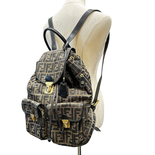 FENDI Backpack canvas canvas Khaki black Zucca Women Used Authentic