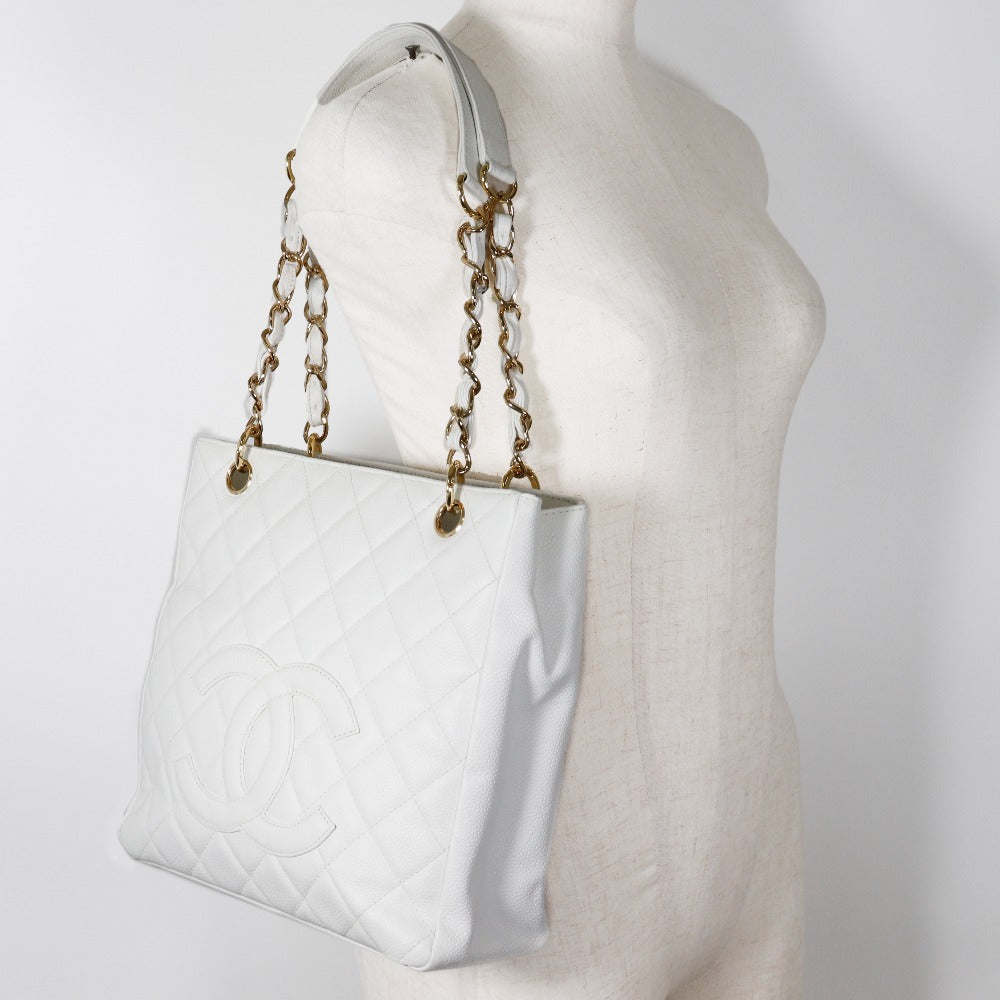 CHANEL Shoulder Bag Caviar skin White PST Chain Tote Women Used Authentic