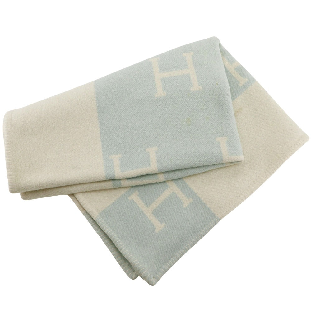 HERMES Other accessories Cashmere, Wool White / light blue Blanket Swaddling Baby Plaid Avalon Kids(Unisex) Used Authentic