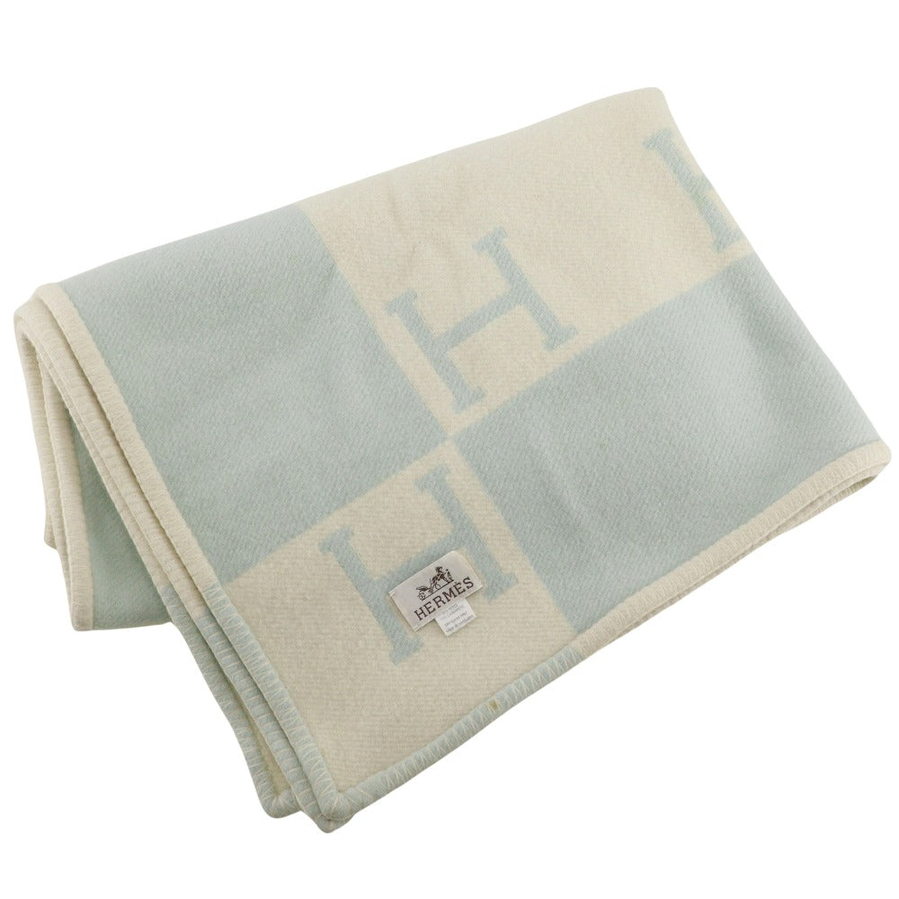 HERMES Other accessories Cashmere, Wool White / light blue Blanket Swaddling Baby Plaid Avalon Kids(Unisex) Used Authentic