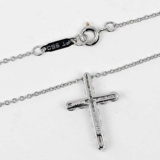 TIFFANY&Co. Necklace Pt950Platinum, Diamond Clear Silver Small cross Women Used Authentic