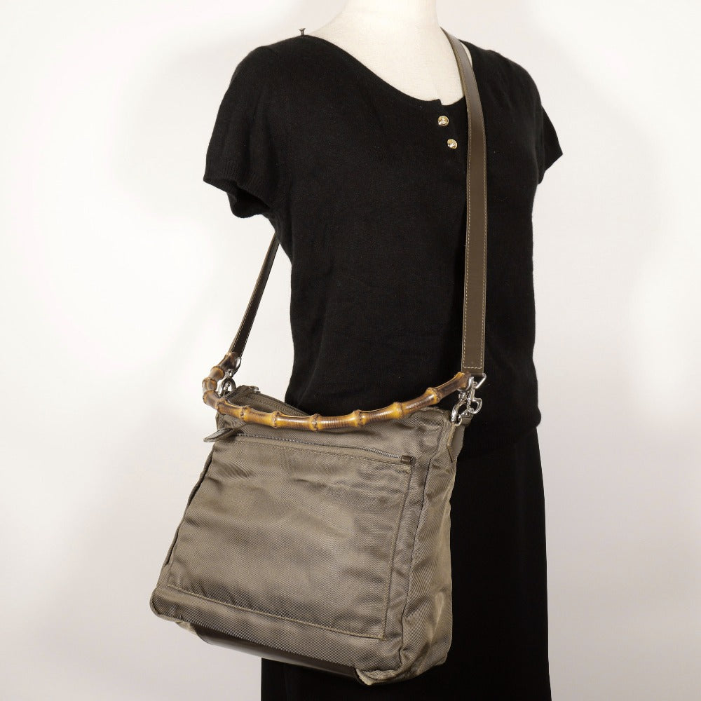 GUCCI Shoulder Bag 000.2404.0509 Nylon canvas khaki 2WAY Bamboo one belt Women Used Authentic