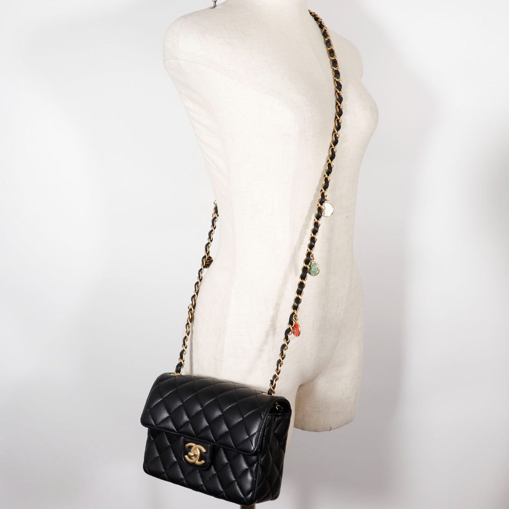 CHANEL Shoulder Bag Calfskin black COCO Mark charm ChainShoulder Matrasse Women Used Authentic