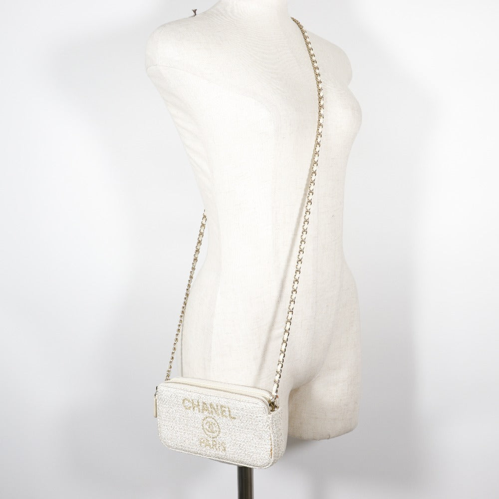 CHANEL Shoulder Bag A84415 tweed White 2-way clutch Deauville ChainShoulder Women Used Authentic